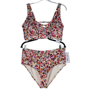 NEW Hurley Two Piece Bikini Swimsuit Women 1X Padded High Rise Strappy Back